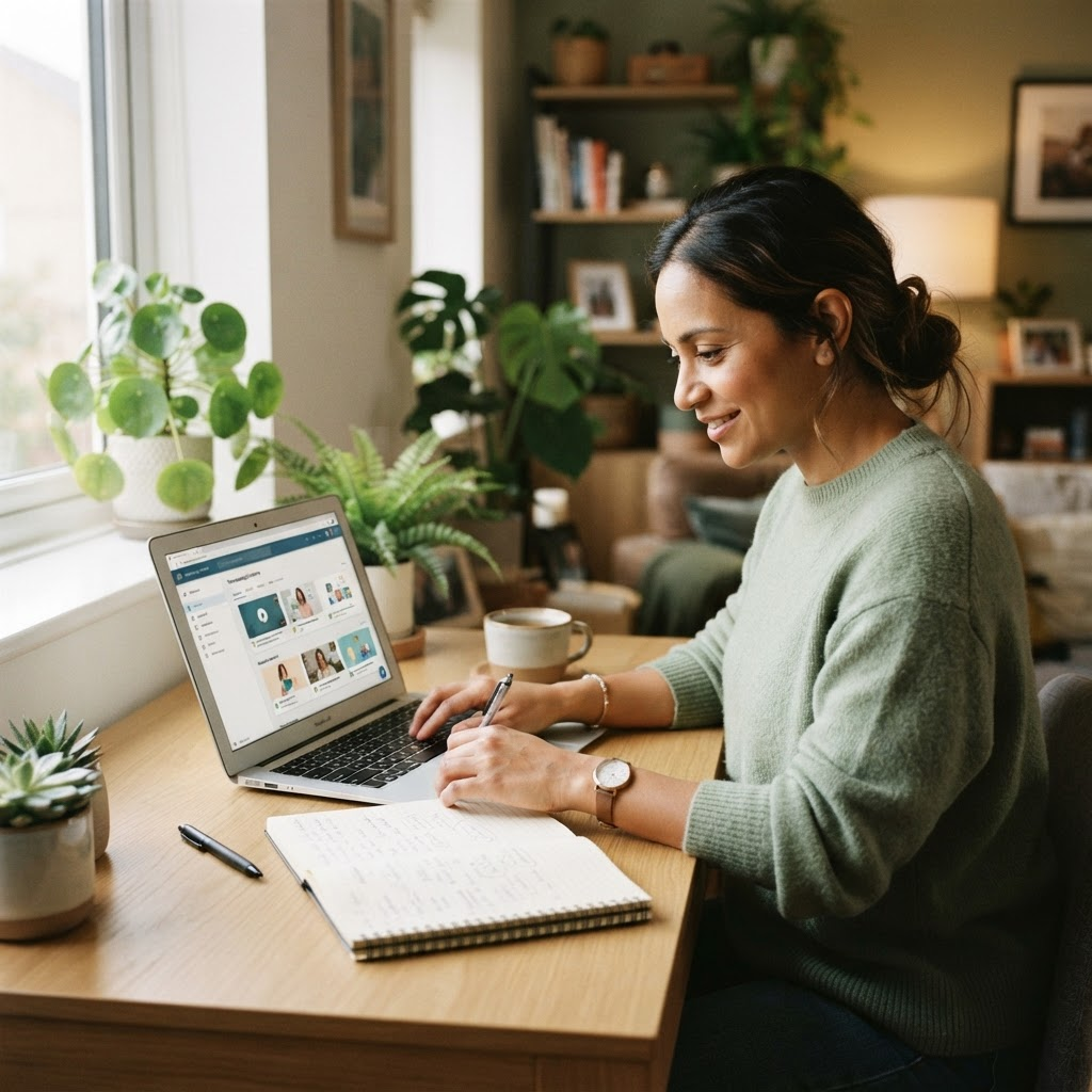 Aluna estudando o curso de cuidador de idosos em um notebook